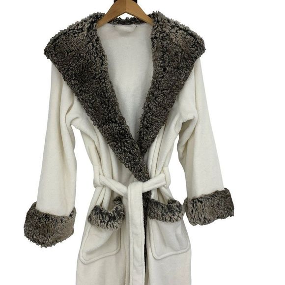 Pottery Barn Gray Ombre Faux Fur Robe Initials JK Custom White Plush M 2608 EUC - Picture 2 of 11